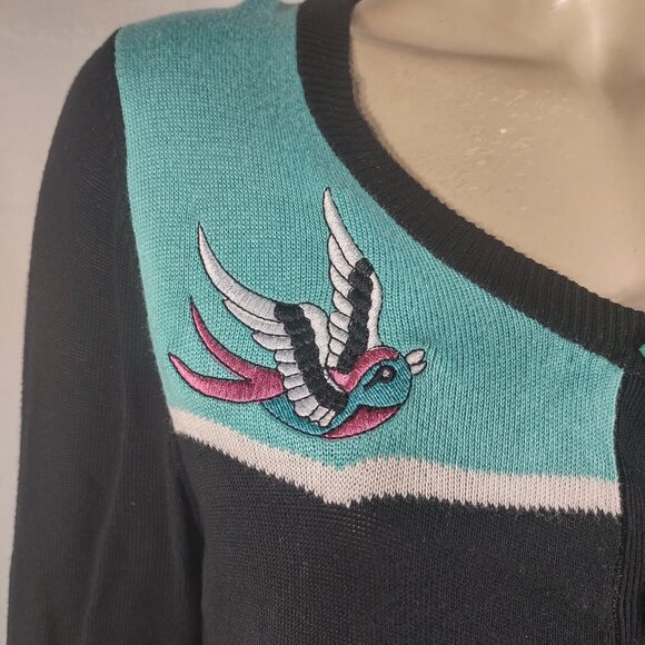 Too Fast black teal embroidered birds button front cardigan sweater ladies Large - Picture 4 of 10